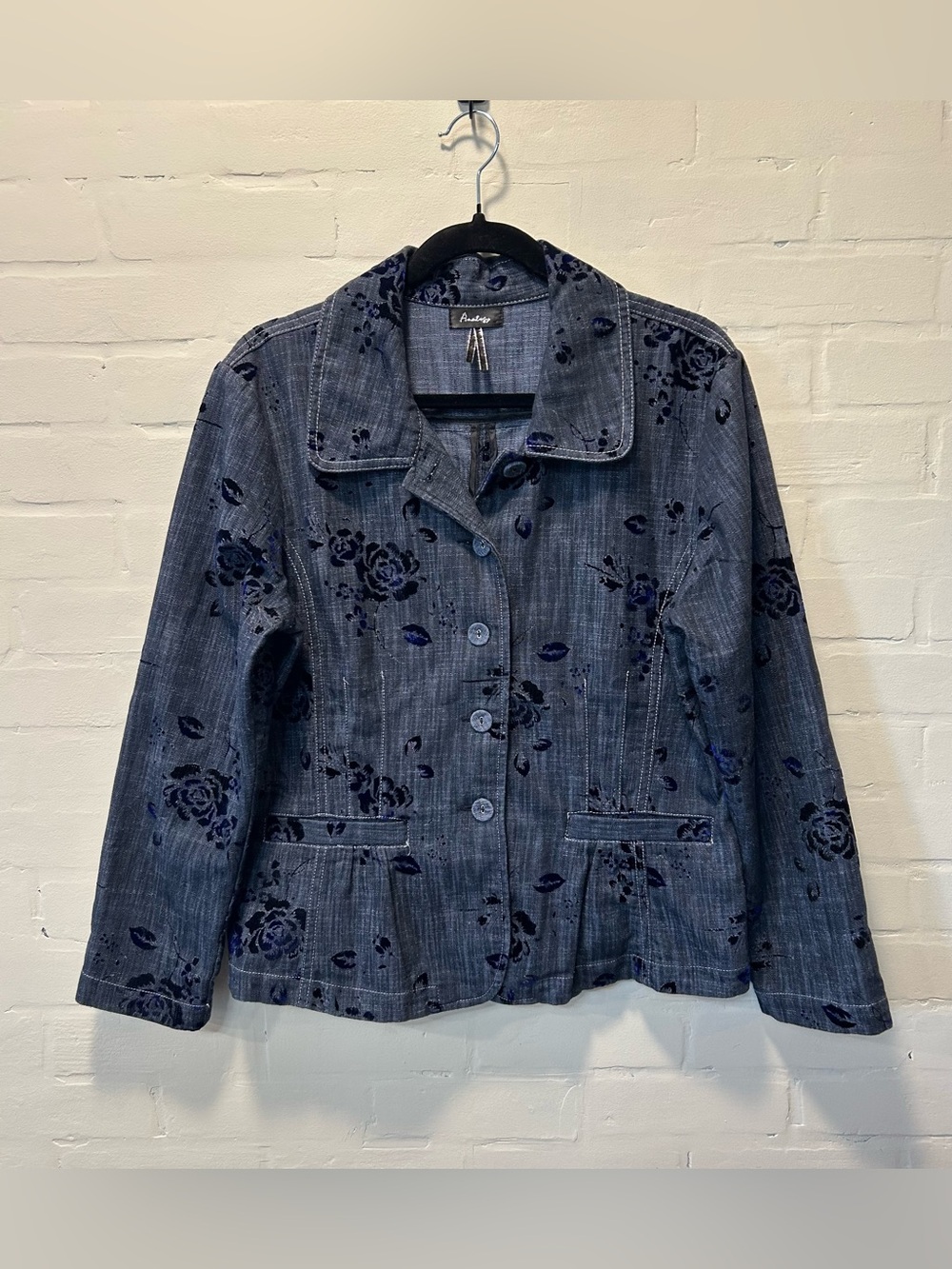 Analog Blue Flocked Floral Denim Blazer Jacket Roses Large Boho Cottagecore